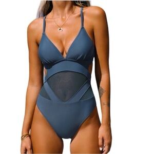 New. Cupshe Tempest Mesh Cutout Cheeky Monokini One Piece Swimsuit Blue: Size M